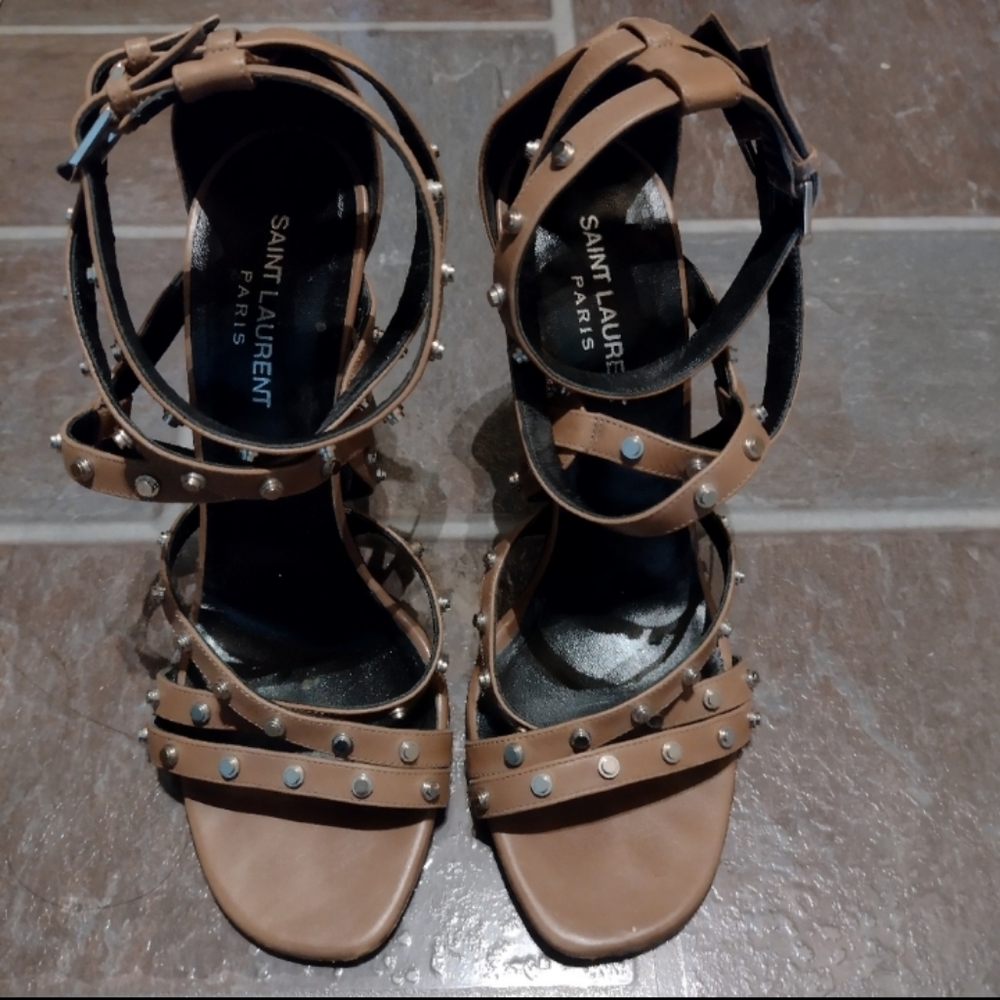 Saint Laurent strappy studs taupe nude pump size 38.5